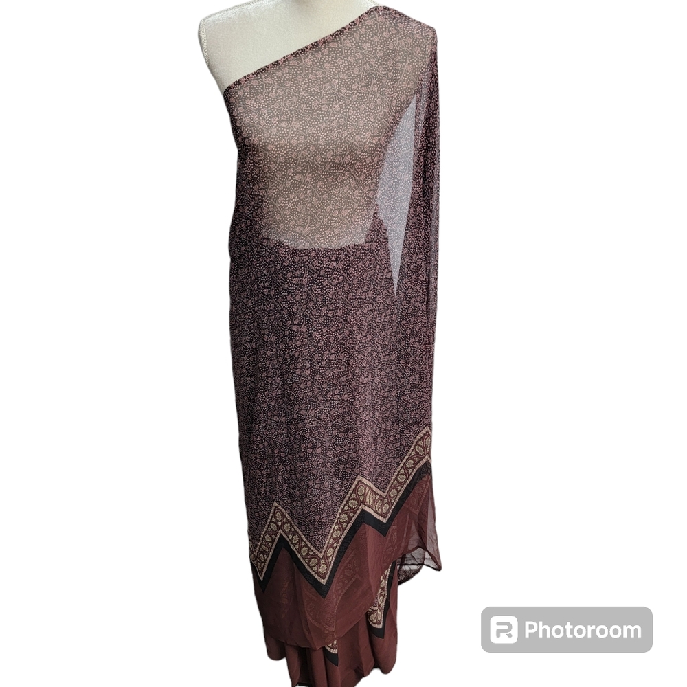 Brown, black, green, pink flower print polyester saree/sari